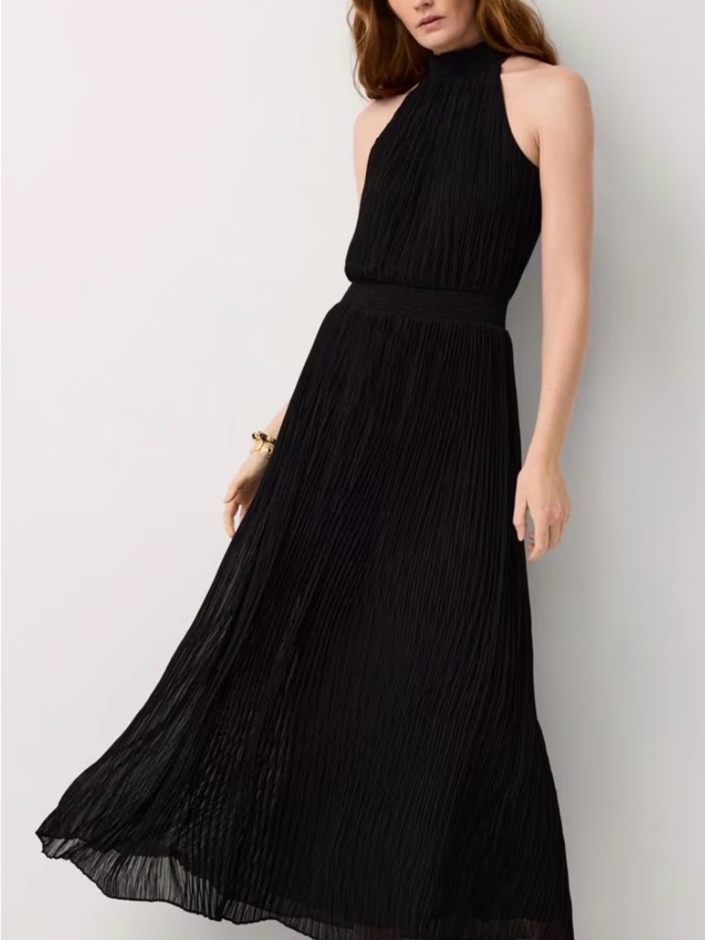 White House Black Market Black Pleated Halter Maxi Dress Size 14